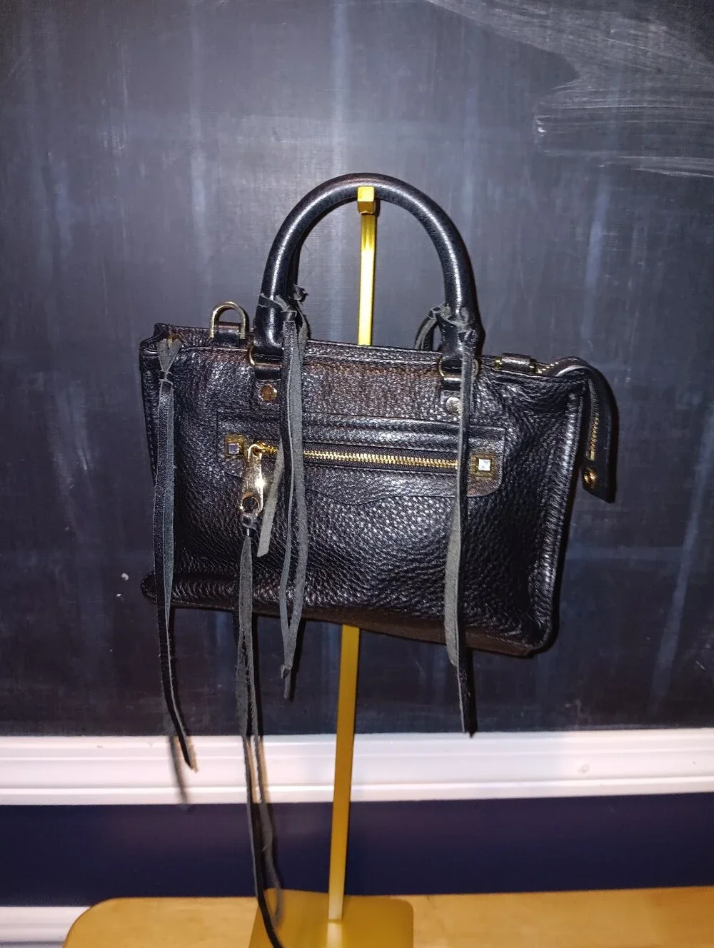 Rebecca Minkoff Black Pebbled Leather Satchel with Gold Hardware